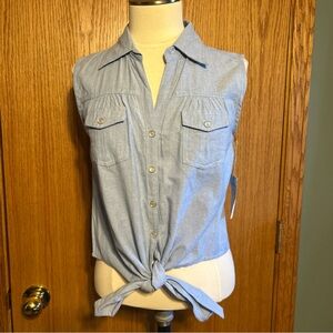 Overdrive‎ Chambray Blue Sleeveless Tie-Front Blouse size Large cottagecore  NWT